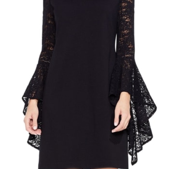 Vince Camuto Bell Sleeve Lace Ponte Dress Black - Picture 3 of 8